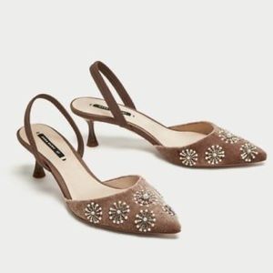 Zara Embroidered Velvet Slingback Shoes sz 39